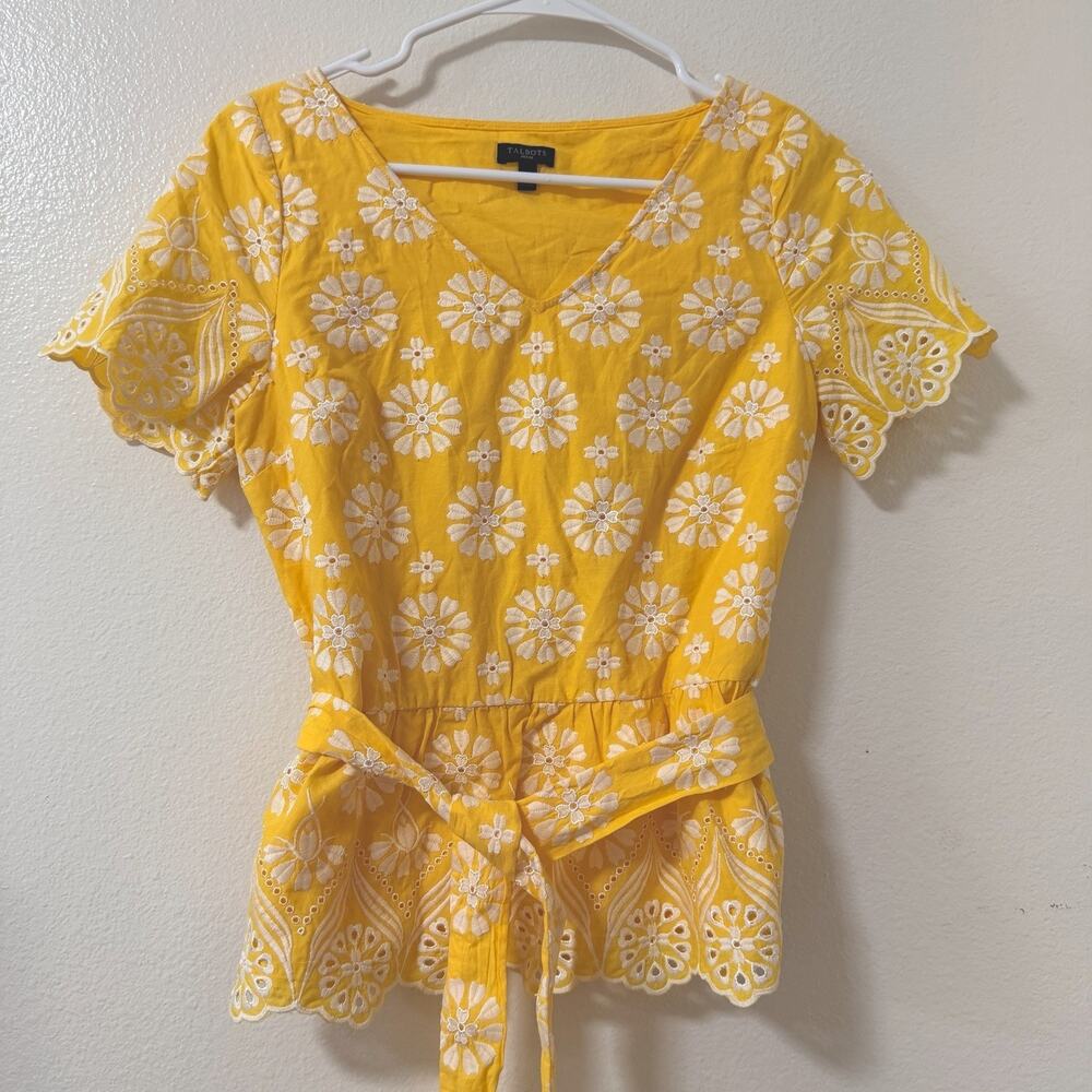 Talbots Women's Yellow Floral Eyelet Embroidered V-Neck Tie Waist Top Sz 4